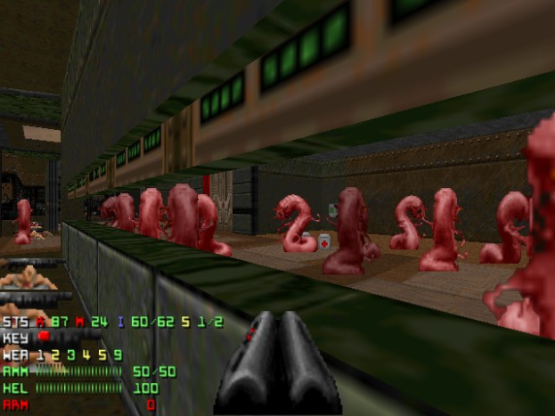 Animierter Screenshot aus dem Videospiel Doom II, der mehrere Zombies in einem Raum, eine Waffe unten und Spielstatistiken links zeigt.