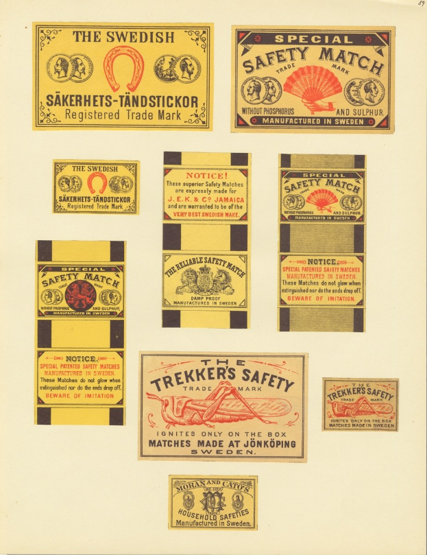 Ein Blatt Papier mit mehreren schwedischen Sicherheitsfeuerzeugen, das wie ein Feuerzeugbuch ähnelt und Details über die Feuerzeuge und ihren Inhalt enthält.