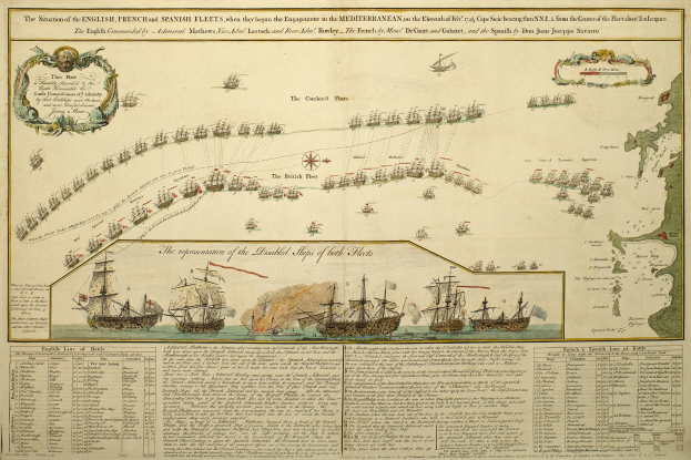 Ein Blatt Papier, das eine Karte der britischen und spanischen Flotte im Mittelmeer zeigt, mit Segelschiffen im Hintergrund und begleitendem Text, der die Schiffe detailliert.