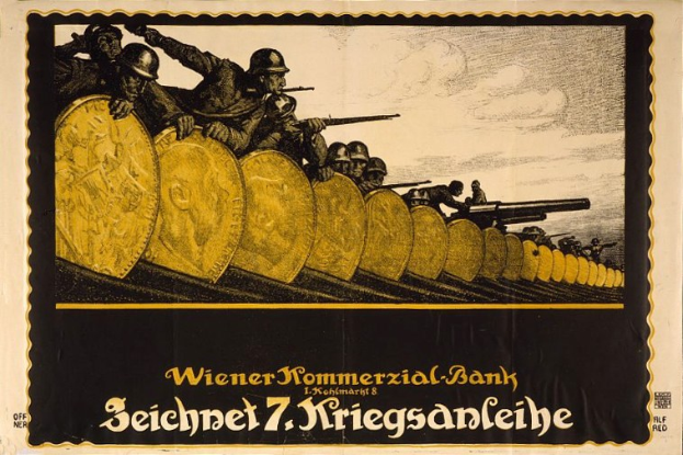 Deutsches Propagandaplakat aus dem Zweiten Weltkrieg, das Soldaten in Helmen mit Waffen zeigt, mit dem Text 'Wiener Kommmerzial Bank' unten.