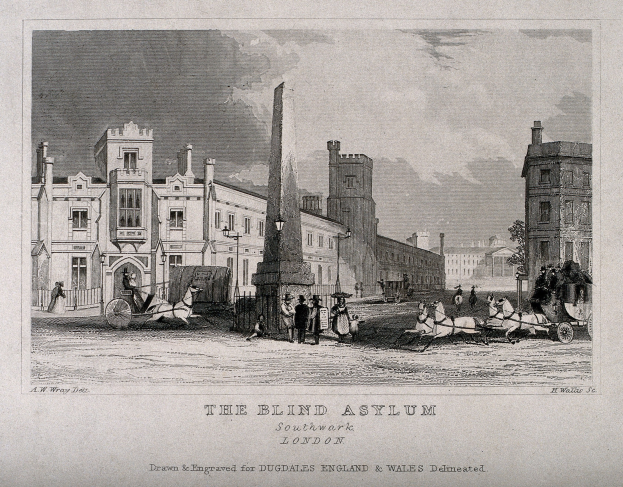 Schwarz-weiß-Zeichnung einer Stadtstraße in Southwark, London, mit Gebäuden, Straßenlaternen, Lampen, Fahrzeugen, Fußgängern, Bäumen und Wolken sowie dem Text "The Blind Asylum, Southwark, London" am unteren Rand.