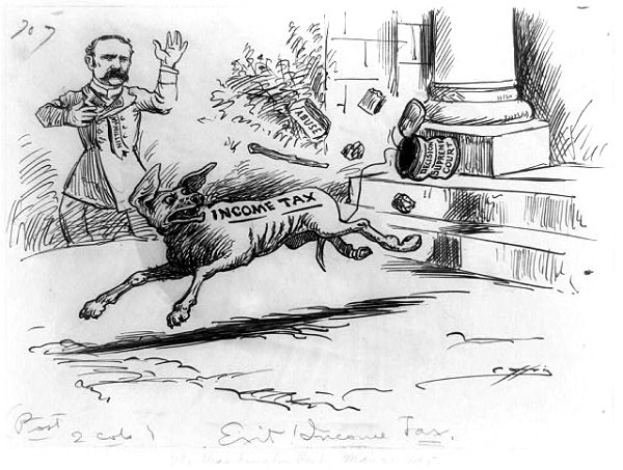 Zeichnung eines Mannes, der vor einem Hund wegrennt, beschriftet mit 'Einkommensteuer' mit verstreuten Gegenständen im Hintergrund.