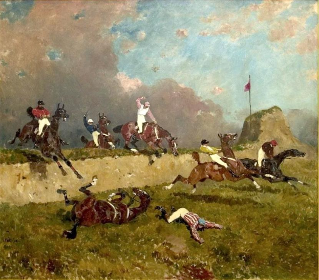 Gemälde namens 'Pferdesprung' von George Stubbs, das Reiter auf Pferden zeigt, die über einen Hügel springen, mit einer Fahnenstange und einem bewölkten Himmel im Hintergrund.