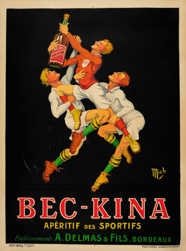 Ein Vintage-Plakat bewirbt Bec-Kina Aperitif des Sportifs, das drei Menschen mit einer Flasche der Marke zeigt, mit Text, der das Produkt beschreibt.