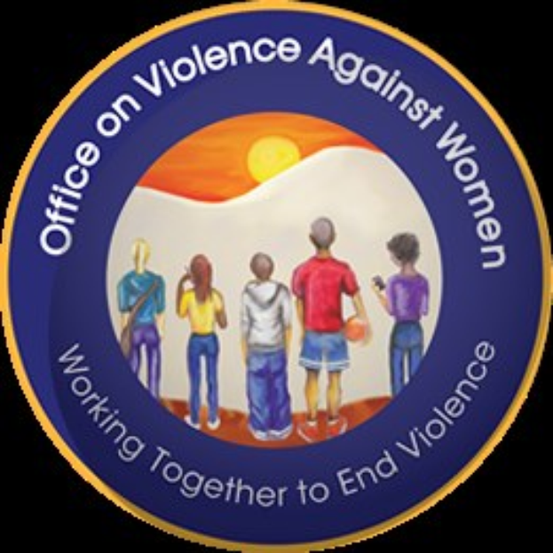 Ein Logo für das Büro für Gewalt gegen Frauen mit einem Kreis aus verschiedenen Menschen, die Arm in Arm stehen, und einer hellgelben Sonne im Hintergrund.