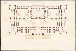 Ein detailliertes Grundrissbild des Reichstags in Berlin, Deutschland, das den Aufbau der kreisförmigen Struktur zeigt, einschließlich Räumen, Fluren, Fenstern und Türen, mit begleitendem Text, der zusätzliche Informationen bereitstellt.