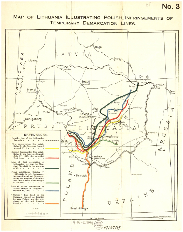 Detailierte Karte von Litauen, die polnische Verletzungen der temporären Demarkationslinien hervorhebt, mit beschrifteten Städten, Dörfern und geografischen Merkmalen.