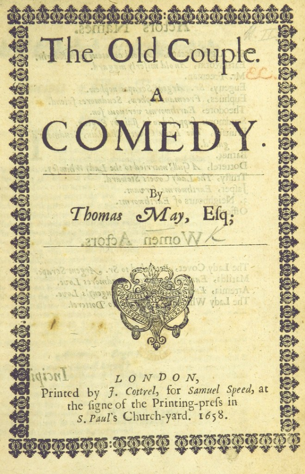 Einband eines alten Buches mit dem Titel 'The Old Couple: A Comedy' mit einem Logo auf dem Cover.