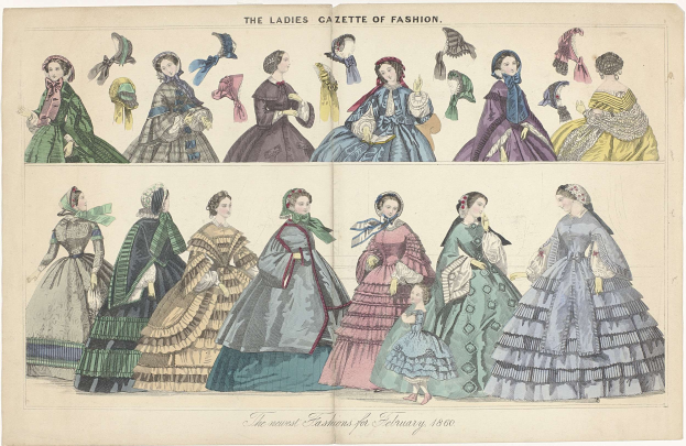 Ein Vintage-Modepapier mit dem Titel "The Ladies Gazette of Fashion", das Illustrationen von Frauen in bunten, verschiedenen Kleidern und intrigant gestalteten Hüten in gedämpften Blautönen, Grüntönen und Gelbtönen zeigt.