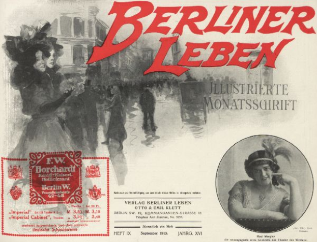 Eine Frau mit Hut und ein Mann im Anzug sind auf einem Plakat für den Berliner Leben-Film zu sehen, mit Text, einem Stempel, ein paar Menschen und einem Gebäude im Hintergrund.