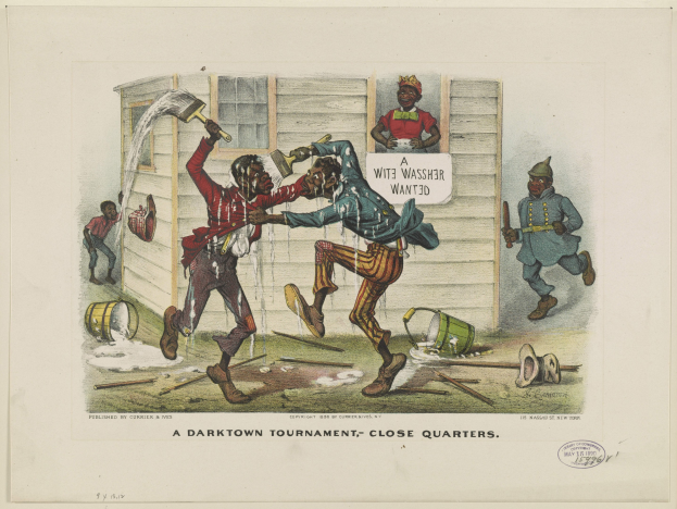 Ein Plakat für ein Darktown-Turnier, das Menschen zeigt, die Gegenstände mit Eimern und Holzstäben in der Hand halten, die über den Boden verstreut sind, und Text, der Details zum Turnier bereitstellt.