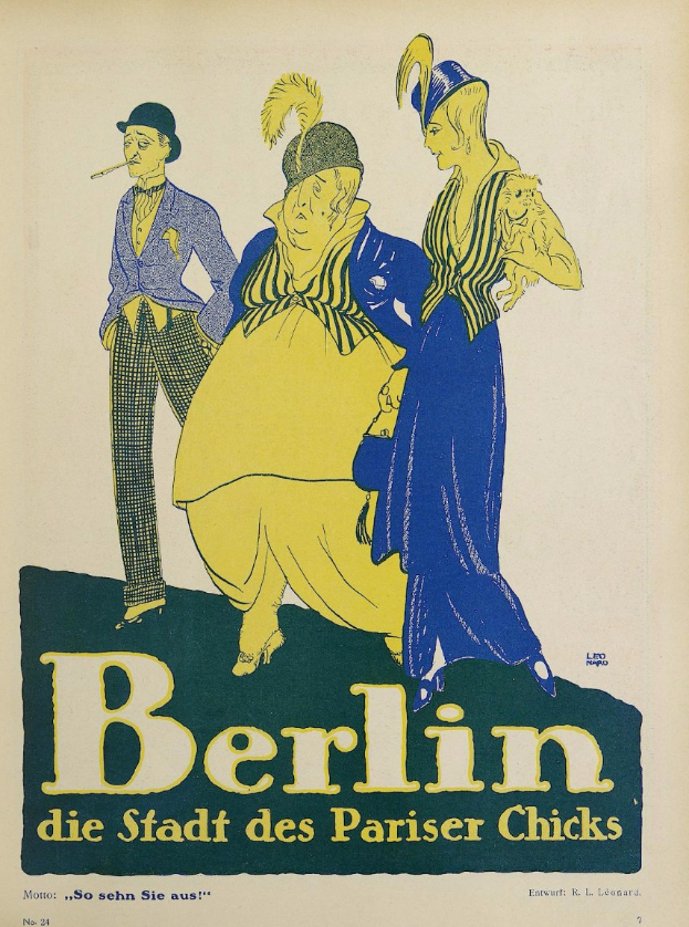 Plakat für ein Konzert in Berlin, Deutschland, das eine Gruppe farblich gekleideter Menschen vor einem Gebäude mit der Aufschrift "Berlin - Die Stadt des Pariser Chicks" zeigt.