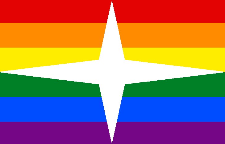 Eine Regenbogenflagge mit einem weißen Stern in der Mitte, die horizontale Streifen in Rot, Orange, Gelb, Grün, Blau, Lila und Pink zeigt, symbolisiert LGBT-Pride und Akzeptanz.