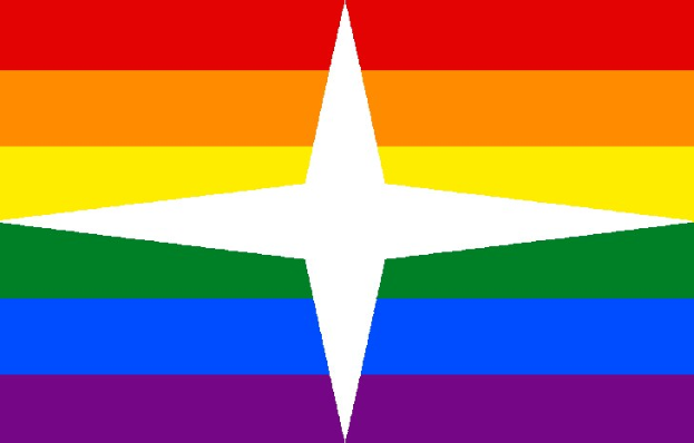 Eine Regenbogenflagge mit einem weißen Stern in der Mitte, die horizontale Streifen in Rot, Orange, Gelb, Grün, Blau, Lila und Pink zeigt, symbolisiert LGBT-Pride und Akzeptanz.
