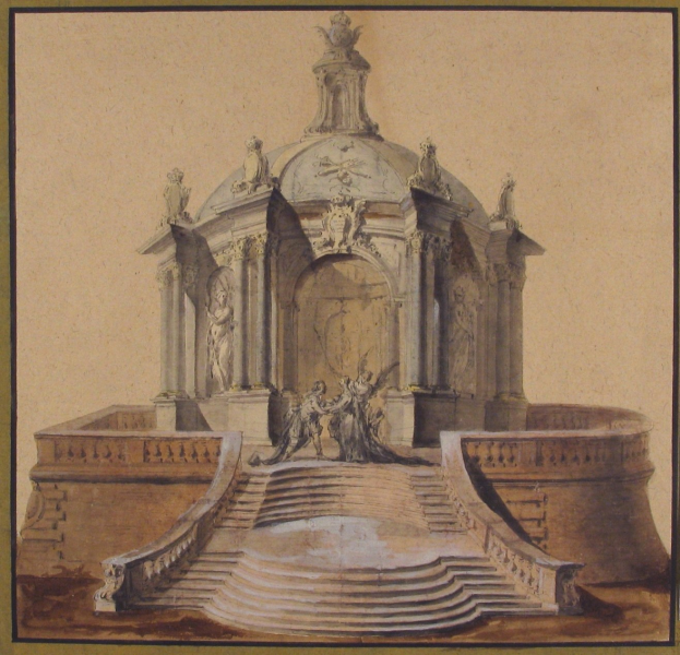 Ein gerahmtes Bild einer Brunnenfigur mit einer Statue darauf, umgeben von Treppen und Skulpturen im klassischen Stil.