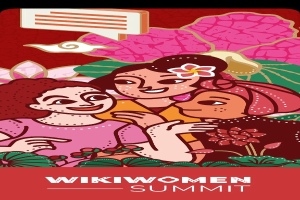 Plakat für den Wikiwomen Summit 2019 mit drei Frauen umgeben von Blumen und dem Ereignisnamen unten.