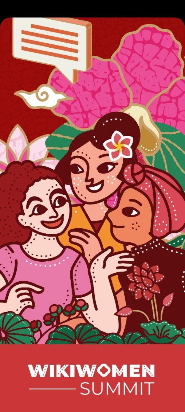 Plakat für den Wikiwomen Summit 2019 mit drei Frauen umgeben von Blumen und dem Ereignisnamen unten.