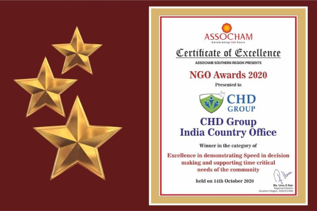 Auszeichnung "Exzellenz" für die NGO Awards 2020 mit "Chd Group India Country Office" und einem Logo mit einem zentralen Stern und Lorbeerkranz.