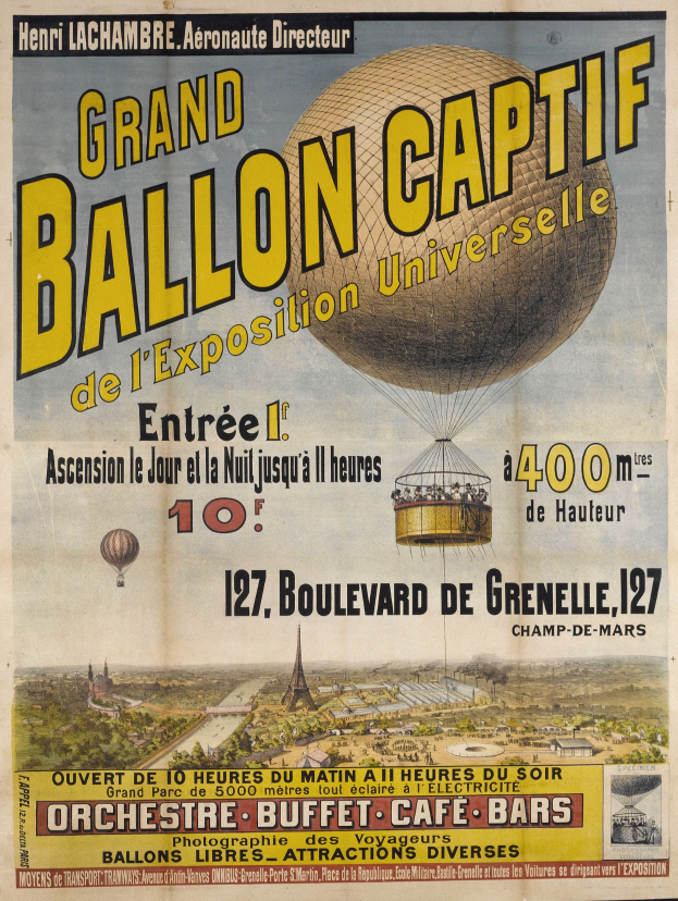 Plakat, das die große Ballon-Captif auf der Exposition Universelle 1900 ankündigt, mit Heißluftballons, Gebäuden, Bäumen und Himmel sowie Text mit Veranstaltungseinzelheiten.