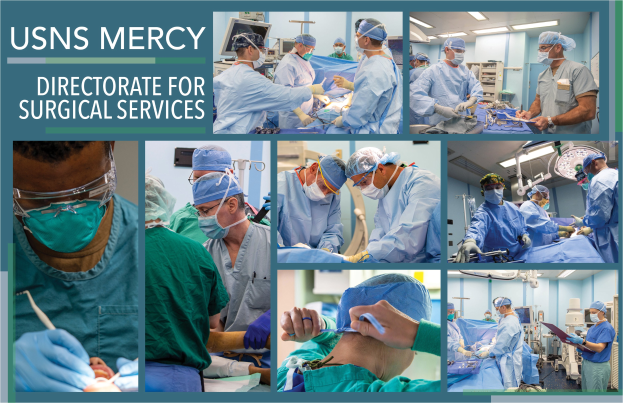 Eine Gruppe von medizinischen Fachkräften in Masken, Kappen und Handschuhen führt einen Eingriff in einem Operationssaal durch, wobei auf der linken Seite der Text "USNS Mercy Directorate for Surgical Services" zu sehen ist.