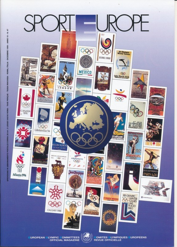 Ein Buchumschlag mit dem Titel "Sport in Europa", der farbenfrohe Bilder und Texte zum Thema Olympische Spiele in Europa enthält.