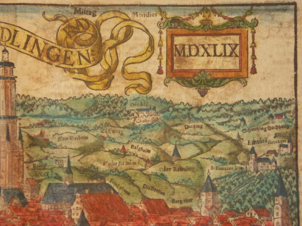 Alte detaillierte Karte von Dlingen, Deutschland, zeigt Gebäude, Bäume und Text in dekorativer Schrift, mit umliegenden Städten und Landschaft.