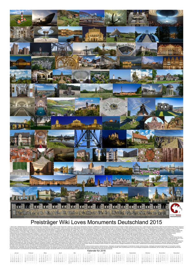 Ein deutscher Kalender aus dem Jahr 2015 mit dem Titel "Preisträger Wiki Loves Monuments Deutschland 2015", der ein Collage von Denkmälern zeigt.
