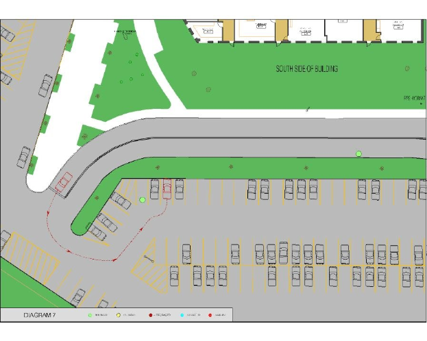 Ein Lageplan für einen neuen Parkplatz an einer Straßenkreuzung, der parkende Fahrzeuge, Gras und Standorttext zeigt.