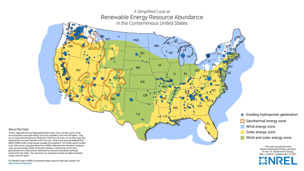 Eine U.S.-Karte mit farbigen Regionen, die die Verteilung von erneuerbaren Energiequellen zeigt, begleitet von detaillierten Angaben auf Staatsebene.