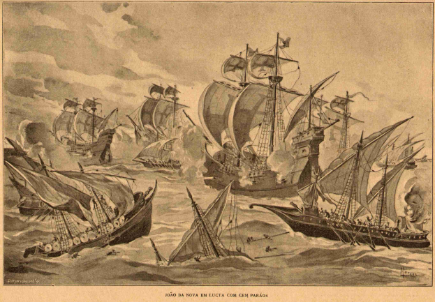 Gruppe von Schiffen segelt auf dem Ozean mit Rauch aus ihren Schornsteinen und Text am unteren Bildrand.