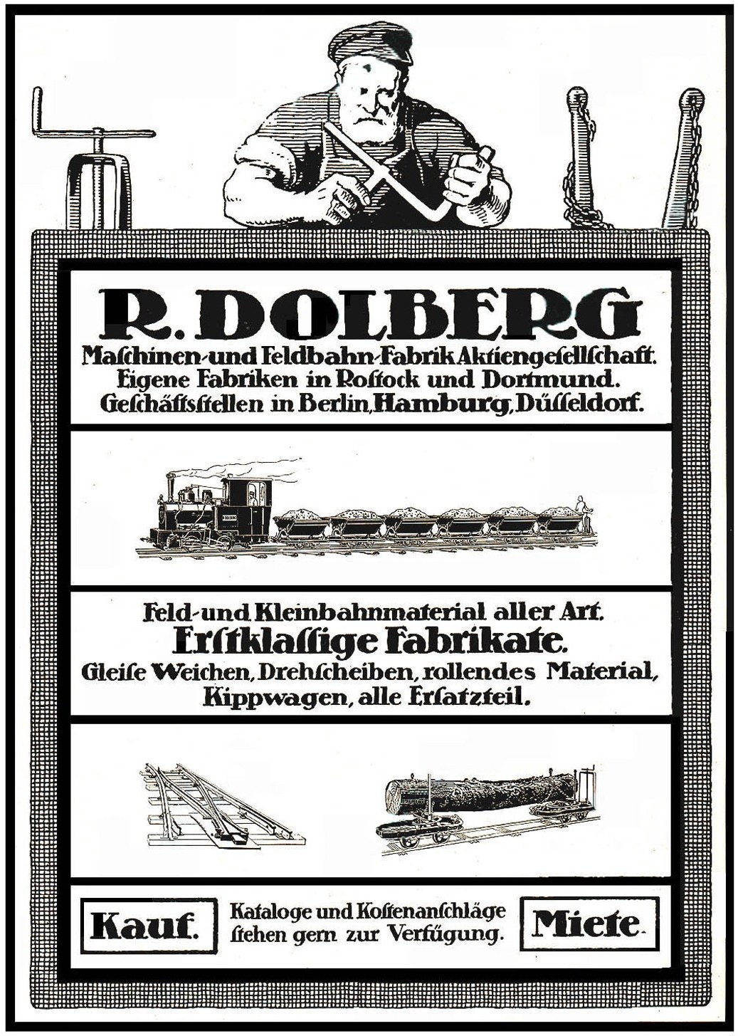 Werbeposter für die Fabrik von R.D. Dolberg in Hamburg, Deutschland, mit Text und Bildern einer Person, eines Zugs und anderer Gegenstände.