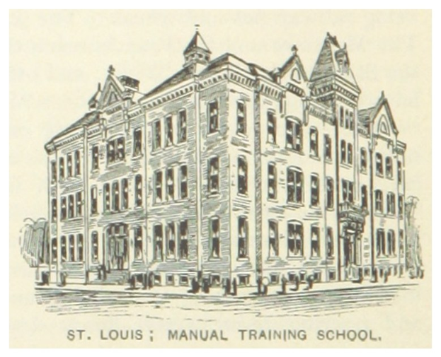 Eine Zeichnung der St. Louis Manual Training School mit mehreren Personen davor, begleitet von Text unten.