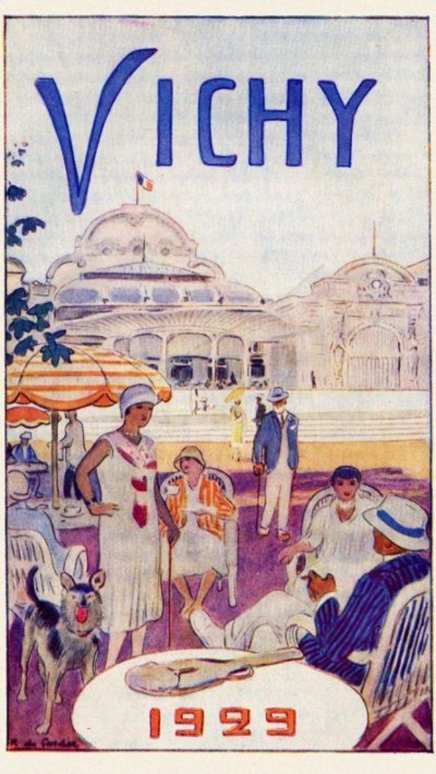 Vintage 1929 Reiseplakat für Vichy, Frankreich, das Menschen, einen Hund, Sitzgelegenheiten im Freien, Schirme, ein Gebäude mit einer Flagge und Text zeigt.