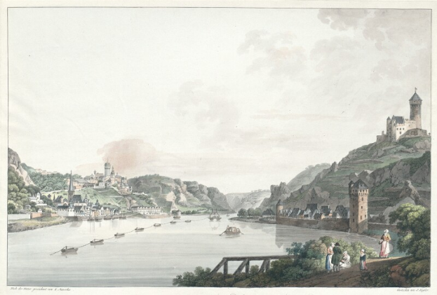 Ein Gemälde, das den Rhein in Rhine-Westphalia, Deutschland zeigt, mit Booten, einer Brücke, Menschen, Bäumen, Gebäuden, Hügeln und einem Himmel im Hintergrund.