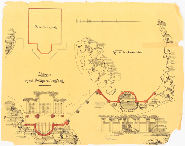 Ein detailliertes architektonisches Zeichnung eines Parkplans mit roter Umrandung, begleitet von Text und Diagrammen.