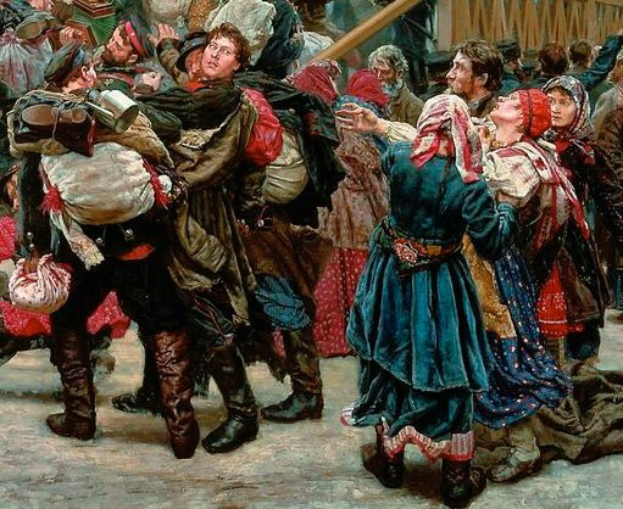 Gemälde von Menschen in traditioneller russischer Kleidung, die energisch vor einem Publikum tanzen, einige halten Gegenstände, vor einem hölzernen Haus im Hintergrund, das eine Szene aus der russischen Revolution suggeriert.