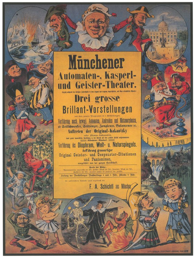 Alter deutscher Filmplakat für "Munchener Automaten-Kasperl- und Geister-Theater" zeigt eine Gruppe in bunten Kostümen umgeben von Text.