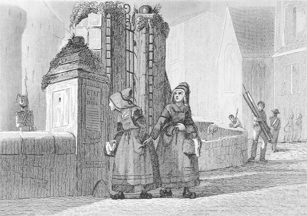 Schwarz-Weiß-Gravur Von Zwei Frauen, Die Vor Einem Gebäude Stehen, Mit Einigen Anderen Menschen Im Hintergrund, Betitelt Mit 'Victorian Women In The City Of London.'