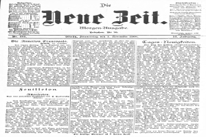 Eine alte Zeitung mit einem Schwarz-Weiß-Bild eines ernsten Mannes in Anzug und Krawatte auf der Titelseite, mit der Aufschrift "Die Neue Zeit" darüber.