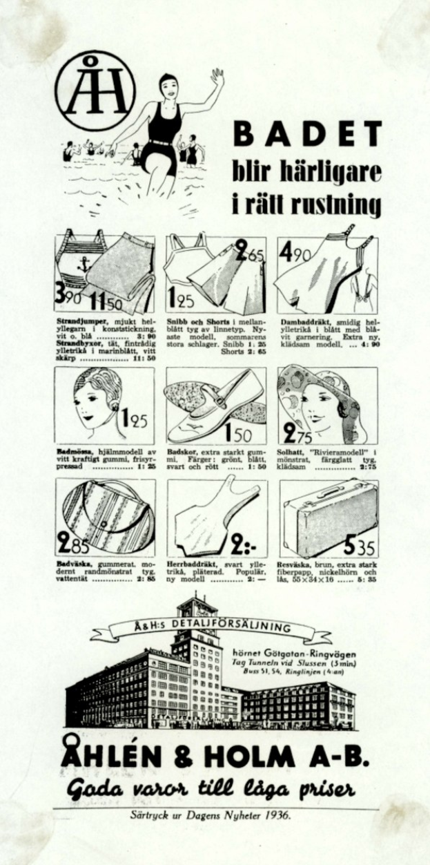 Anzeige mit einer Frau in einem weißen Bikini mit blauen und weißen Streifen, mit einem Pferdeschwanz, die direkt in die Kamera schaut und leicht geöffnete Lippen hat, umgeben von Bildern von Menschen, hohen modernen Gebäuden und fetter Schrift.