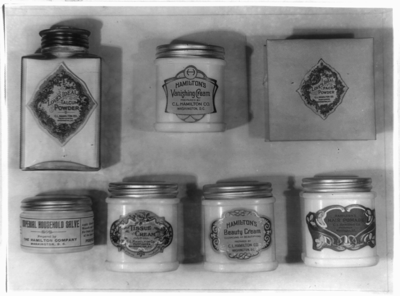 Schwarz-weiß-Foto eines Regals mit ordentlich angeordneten Töpfchen, die jeweils mit verschiedenen Arten beschriftet sind.