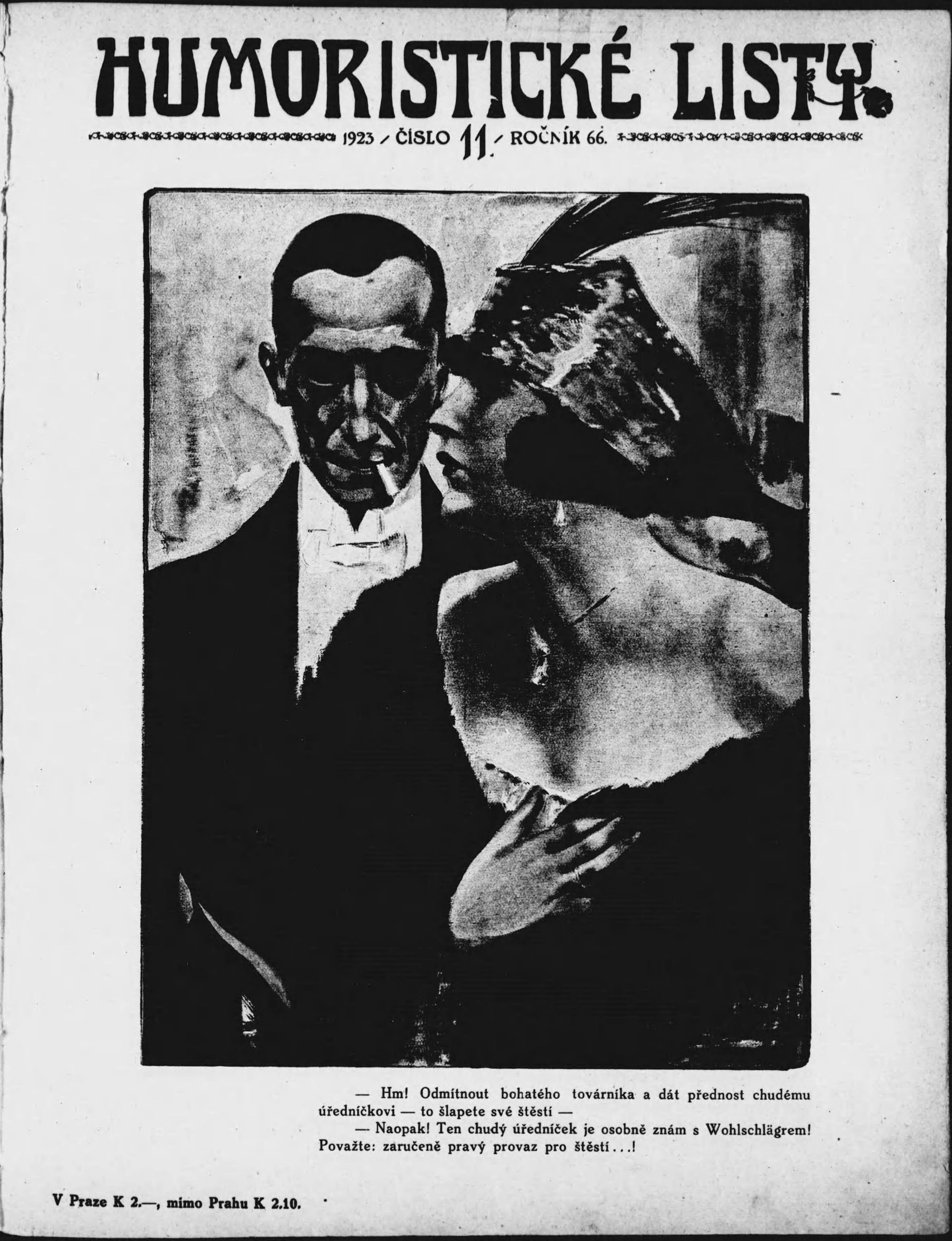 Schwarzes und weißes Magazin-Cover mit der Überschrift 'Humoristische Liste', das einen Mann in einem Anzug mit ernster Miene und eine Frau zeigt, die leicht schmunzelnd wegsieht.