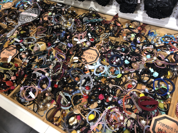 Vitrine voller verschiedener Schmuckstücke wie Armbänder, Ketten und Preisschilder, mit Kleidung darüber, die einen Marktplatz andeutet.