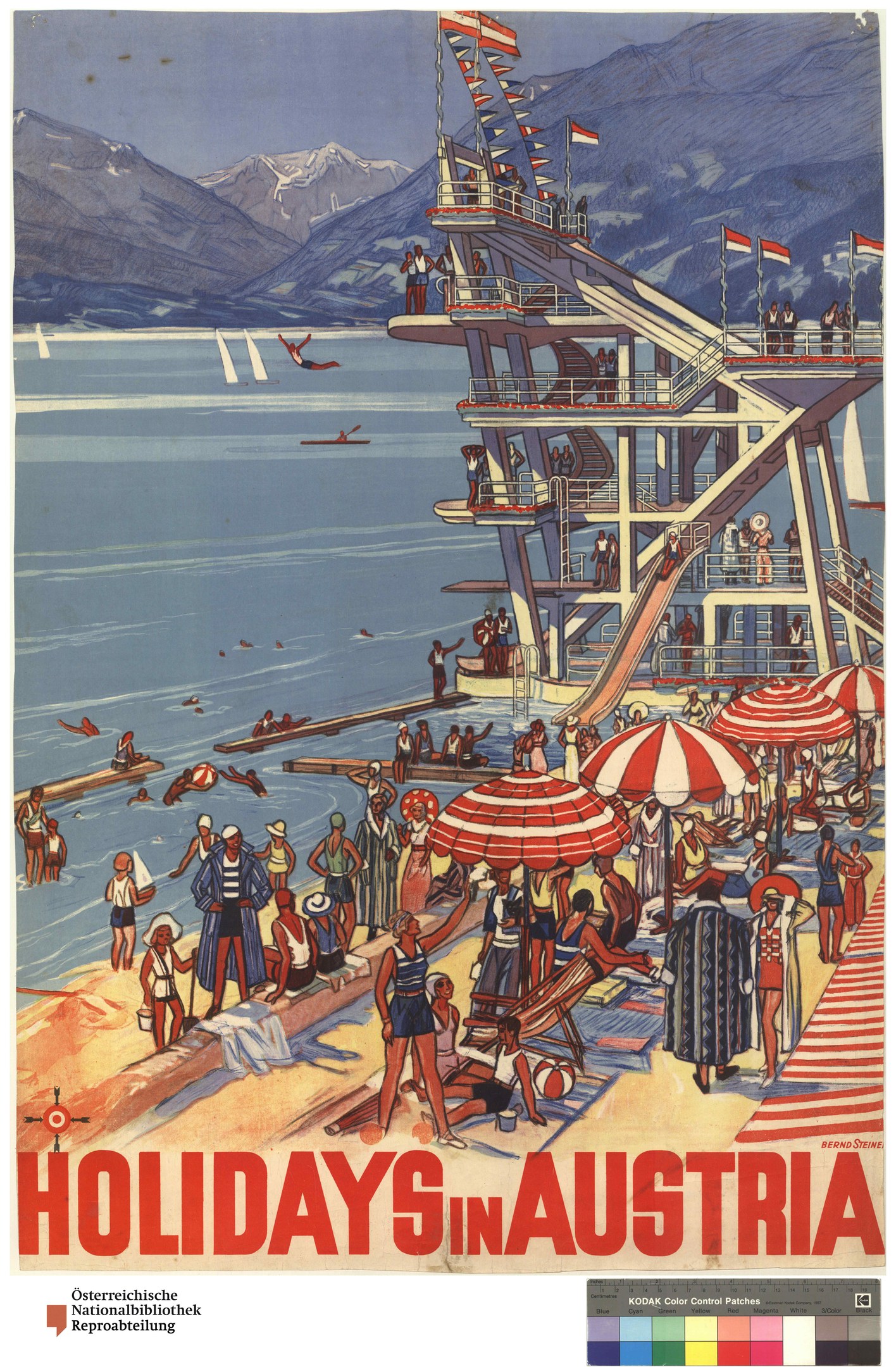 Plakat für Österreich-Urlaub mit Menschen am Strand mit Schirmen, einem Schiff im Hintergrund, schwingenden Flaggen, entfernten Bergen und Text.
