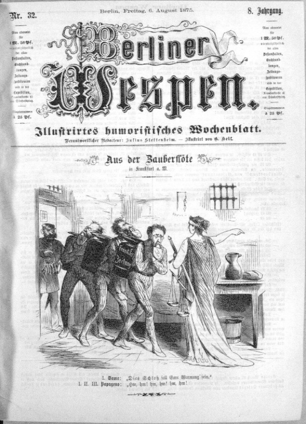 Altes Schwarz-Weiß- Zeitungsbild "Berliner Wespen, 6. August 1875" mit einer besorgten Gruppe von Menschen, einige schauen nach oben in Furcht und andere nach unten in Verwirrung.