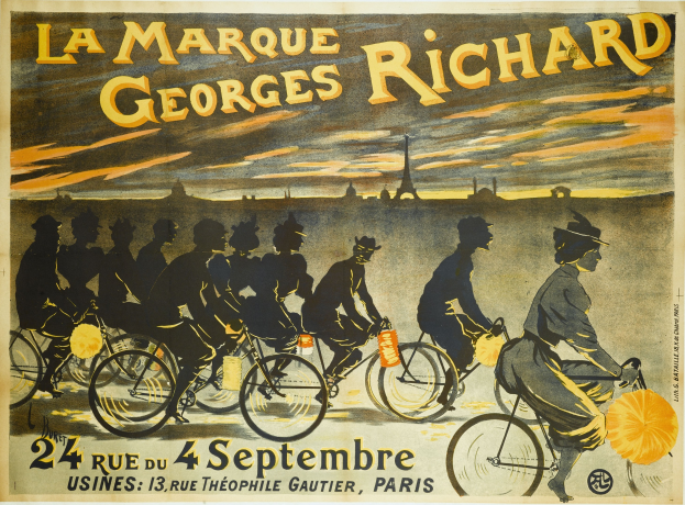 Plakat, das ein Fahrradrennen in Paris mit Fahrradfahrern und dem Eiffelturm im Hintergrund ankündigt.