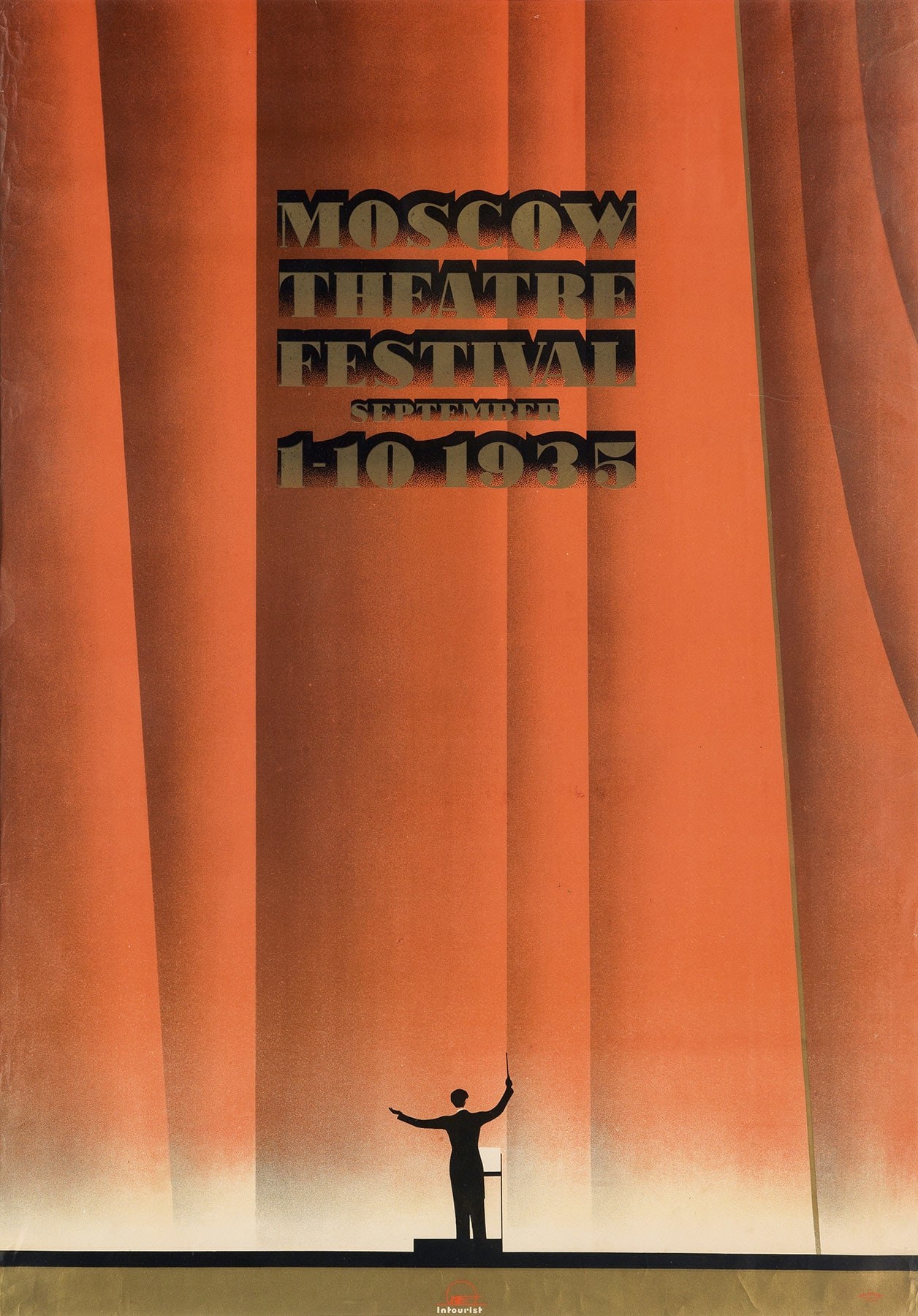Plakat für das Moskauer Theaterfestival 1935 mit einer Person vor einem Vorhang