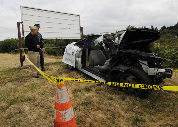 Ein Polizeibeamter in Uniform steht auf dem Gras neben einem schwer beschädigten Auto mit eingedrückter Haube und zersplitterten Fenstern, mit einem Verkehrskegel und einem Band an einem Pfahl in der Nähe und Bäumen und einem bewölktem Himmel im Hintergrund.