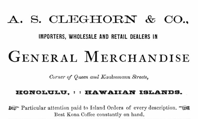 Schwarz-weißes Papier mit gedrucktem Text, der "A.S. Cleghorn & Co. Importeure, Groß- und Einzelhandelshändler für Allgemeinwaren." lautet