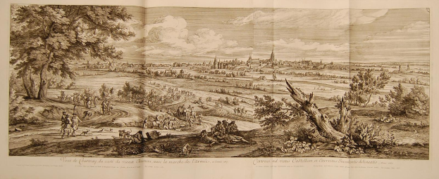 Offenes Buch mit dem Titel 'Ansicht der Schlacht von Castellum und Castellium, aus der Illustrated London News' mit einer historischen Schlacht-Szene mit Soldaten, Bäumen, Gebäuden und Wolken.